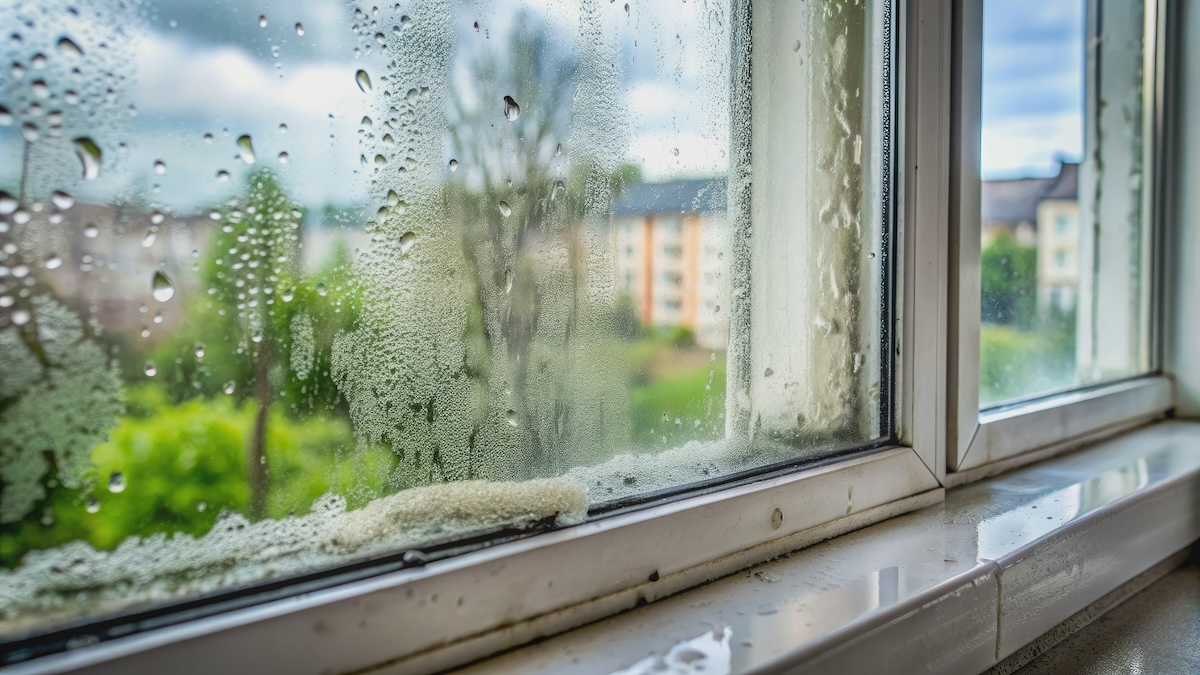 window with fog, condensation and mold