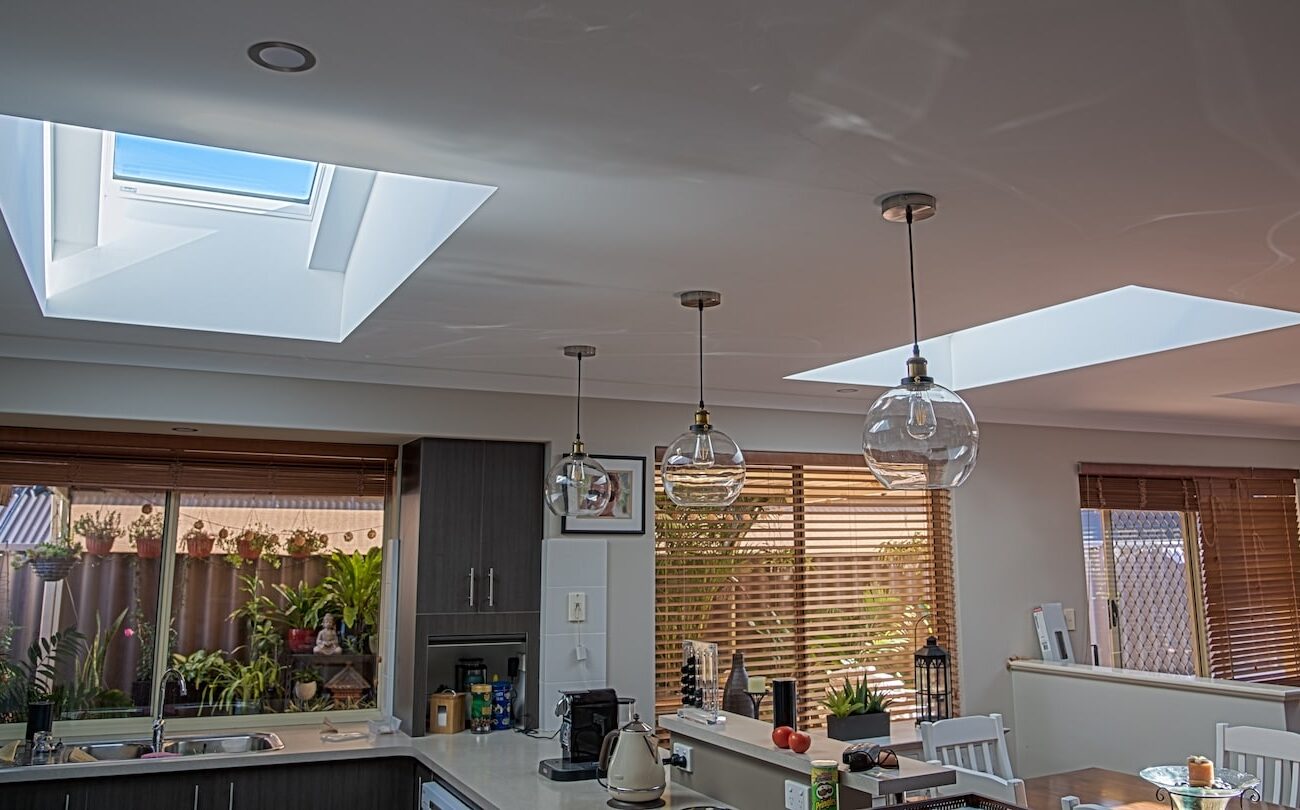 Skylights in a kitchen and dining room