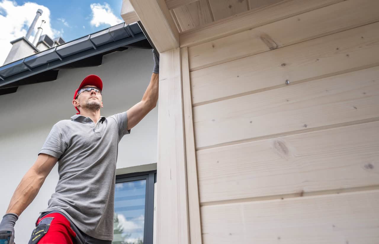 A person is inspecting and working on the wooden exterior of a house under a clear blue sky.